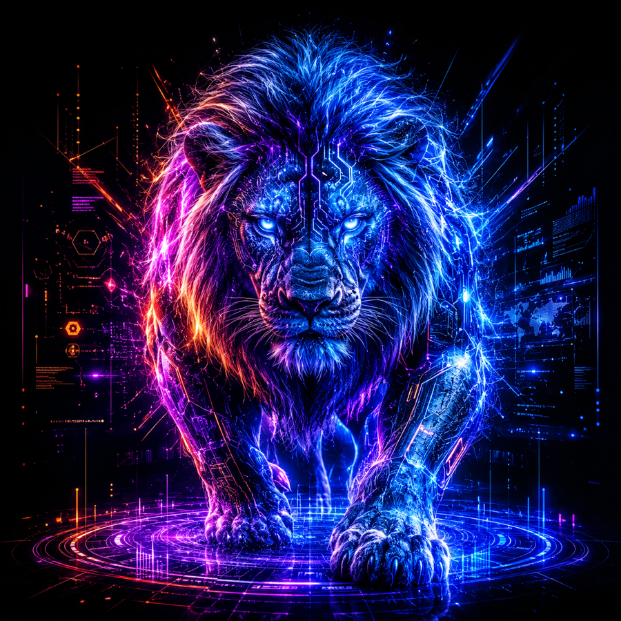 The BIH Digital Beast — a neon lion of controlled, governed execution power